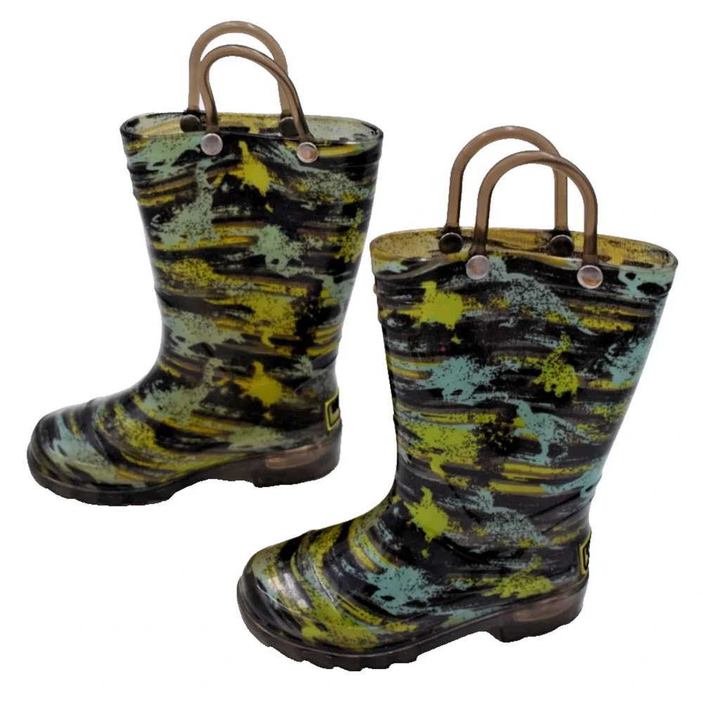 WESTERN CHIEF Light Up Rain Boots - Brush Stripe Green & Blue - US Toddler 6